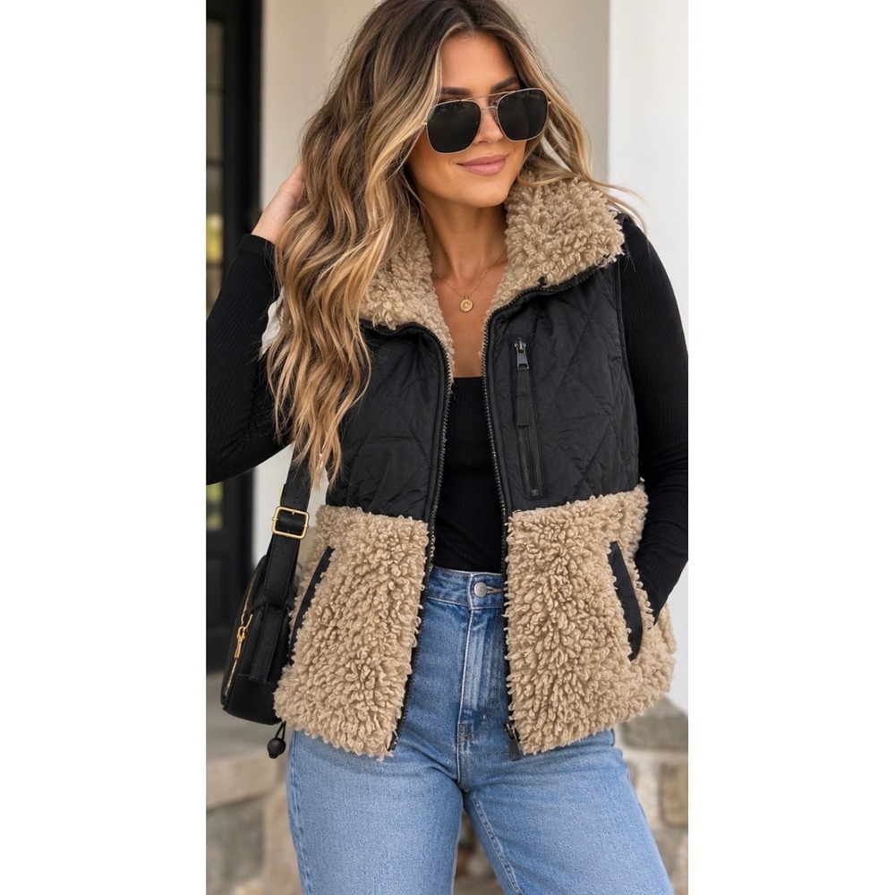 Abercrombie & Fitch Sherpa Fleece Quilted Vest Black Tan Women Small